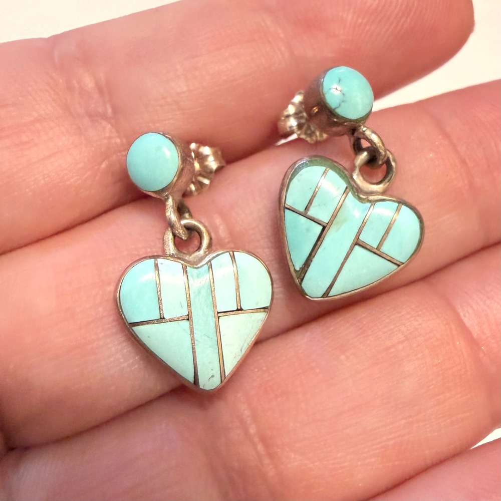 Lovely! Vintage Sterling Silver Heart Earrings Turquoise Inlay Drop Dangle Zuni